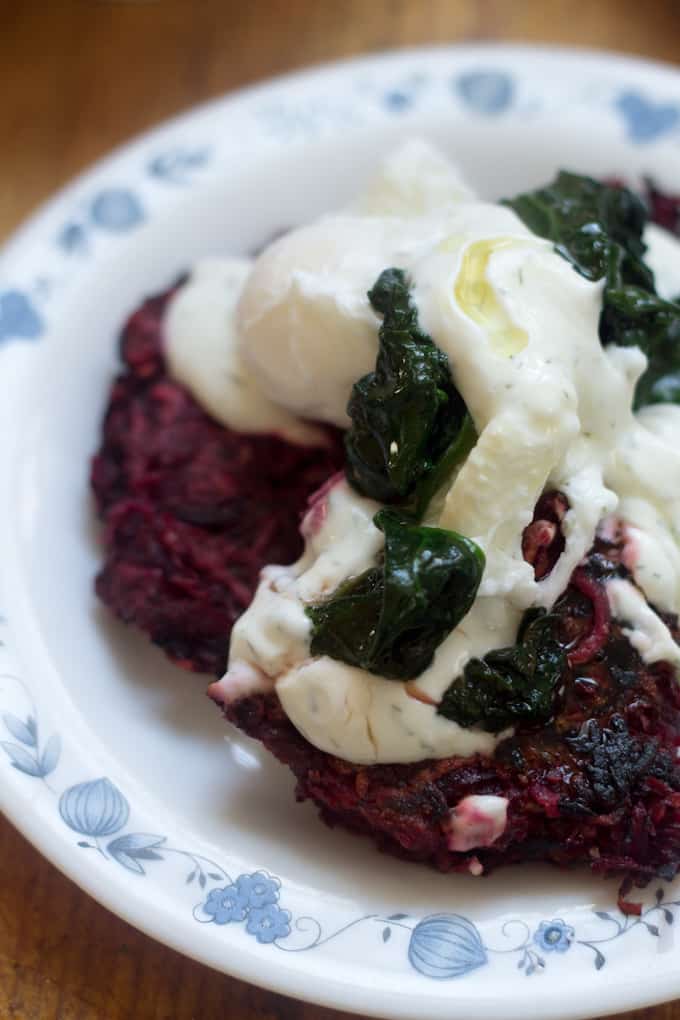Beet latkes with dill creme fraiche, by Chef Leighton Fontaine from the Winnipeg Cooks cookbook giveaway