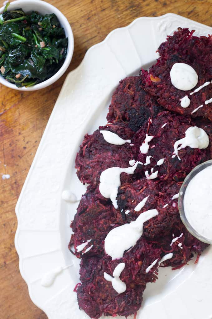 Beet latkes with dill creme fraiche, by Chef Leighton Fontaine from the Winnipeg Cooks cookbook giveaway