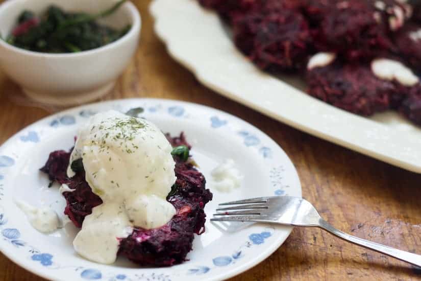 Beet latkes with dill creme fraiche, by Chef Leighton Fontaine from the Winnipeg Cooks cookbook giveaway