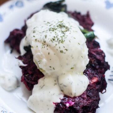 Beet latkes with dill creme fraiche, by Chef Leighton Fontaine from the Winnipeg Cooks cookbook giveaway