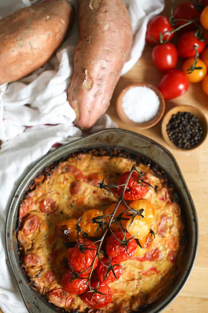 Roasted pepper and tomato vegan quiche with sweet potato crust