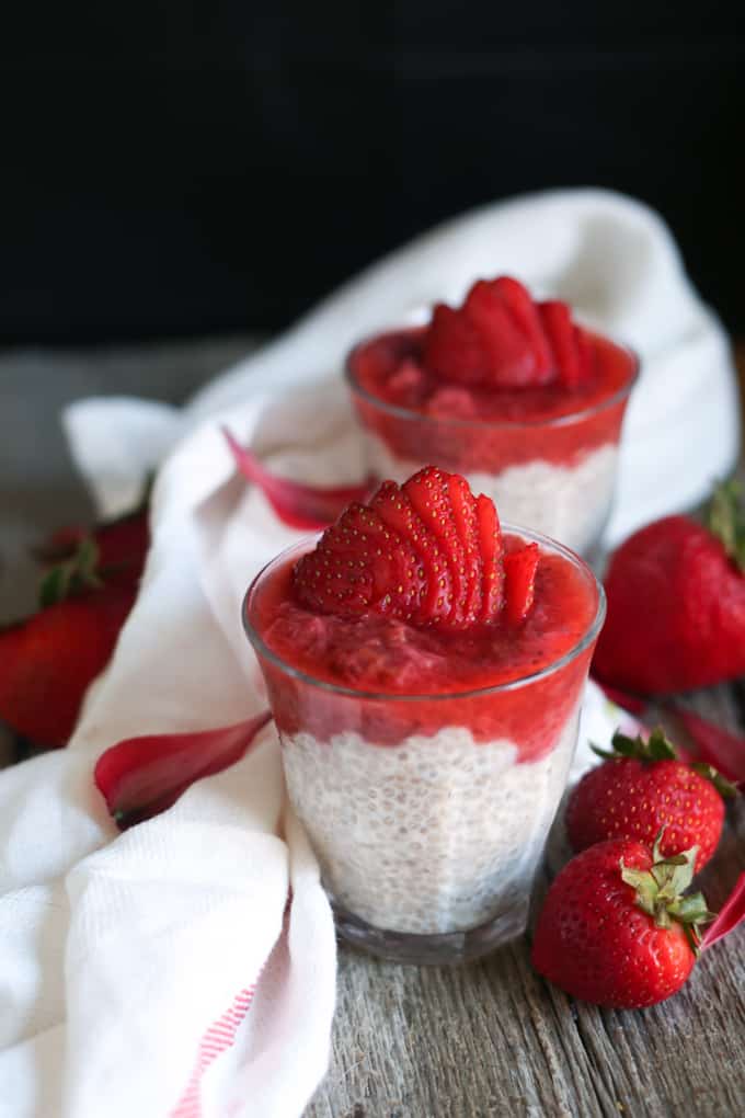 Stewed strawberry rhubarb compote with chia coconut pudding