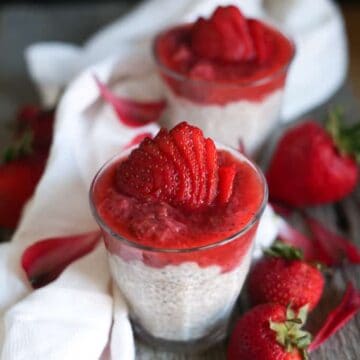 Stewed strawberry rhubarb compote with chia coconut pudding