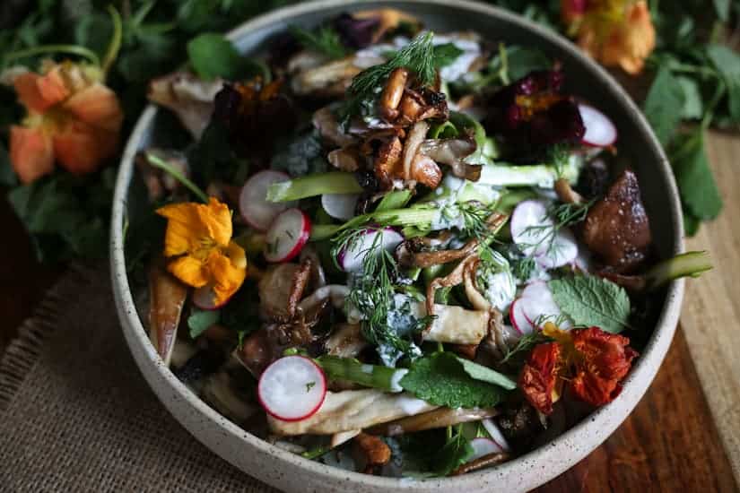 overhead of fiddlehead salad.