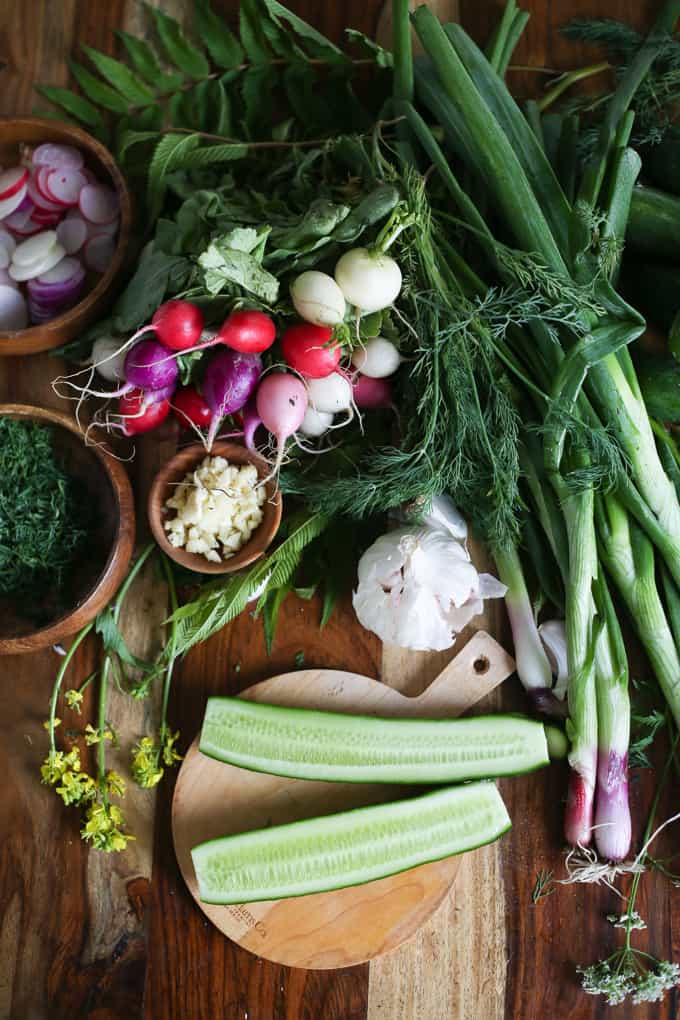 Cold Bulgarian soup with kefir, cucumbers, dill, walnuts and feta