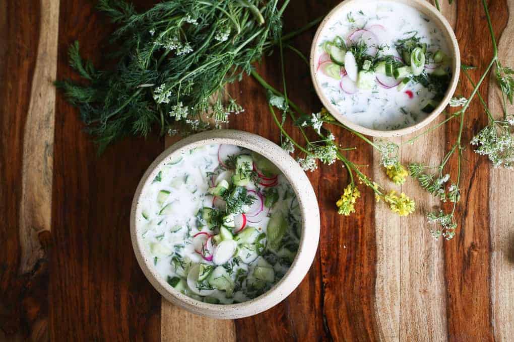 Cold Bulgarian soup with kefir and cucumbers