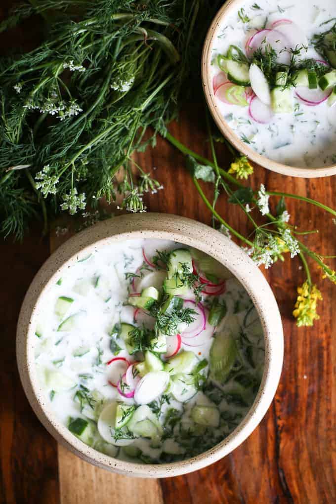 Cold Bulgarian soup with kefir and cucumbers