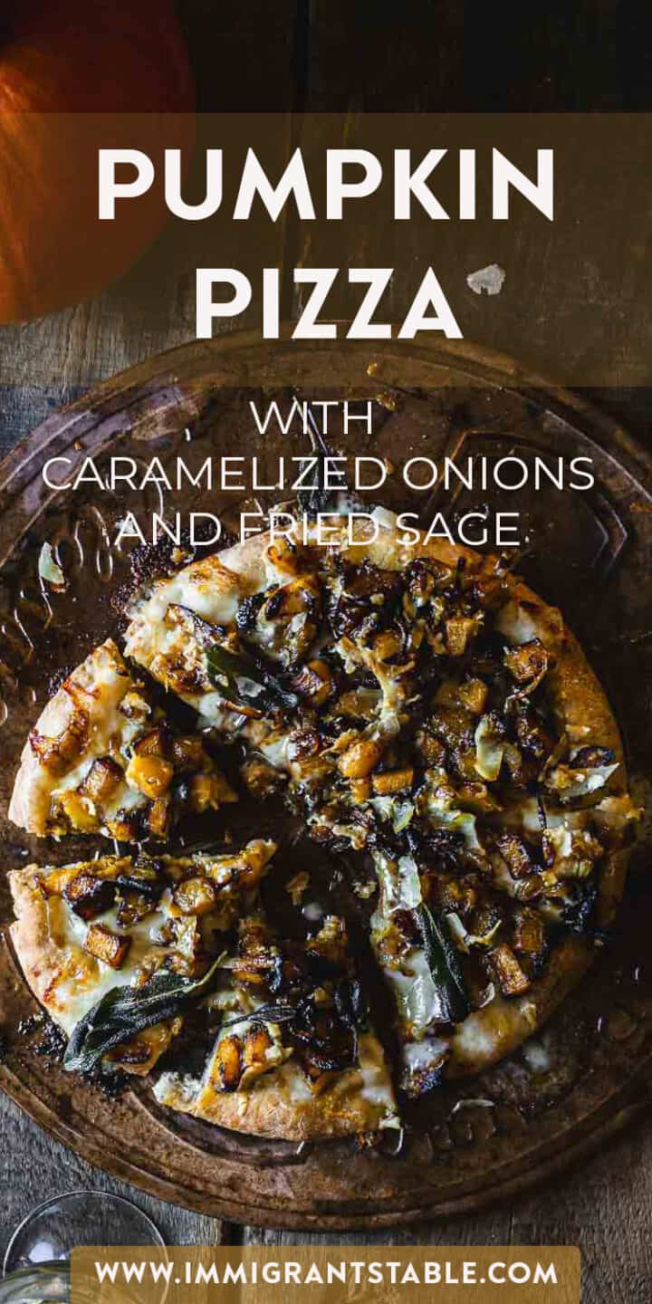 Pumpkin pizza with caramelized onions, brie, and garlic scape pickles.