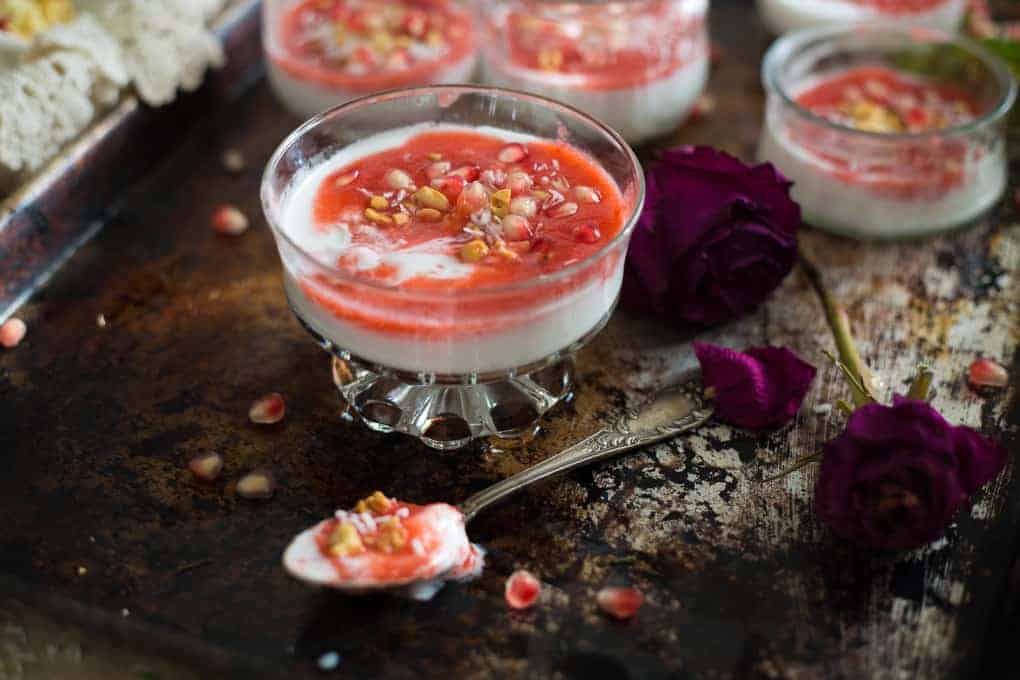 Vegan malabi with strawberry rose syrup & pomegranate arils