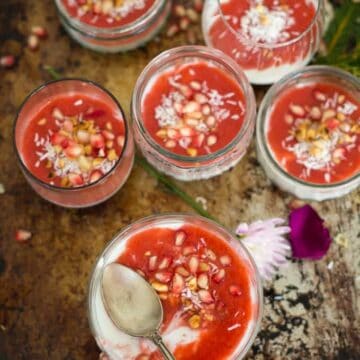 Vegan malabi with strawberry rose syrup & pomegranate arils