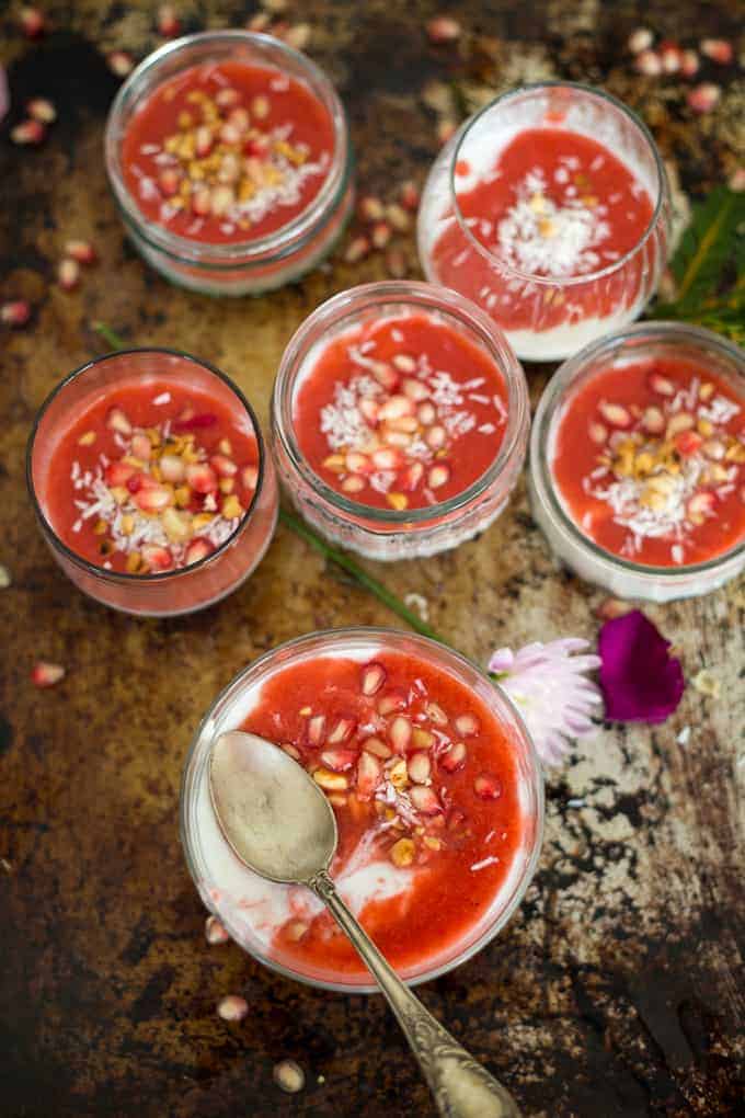 Vegan malabi with strawberry rose syrup & pomegranate arils