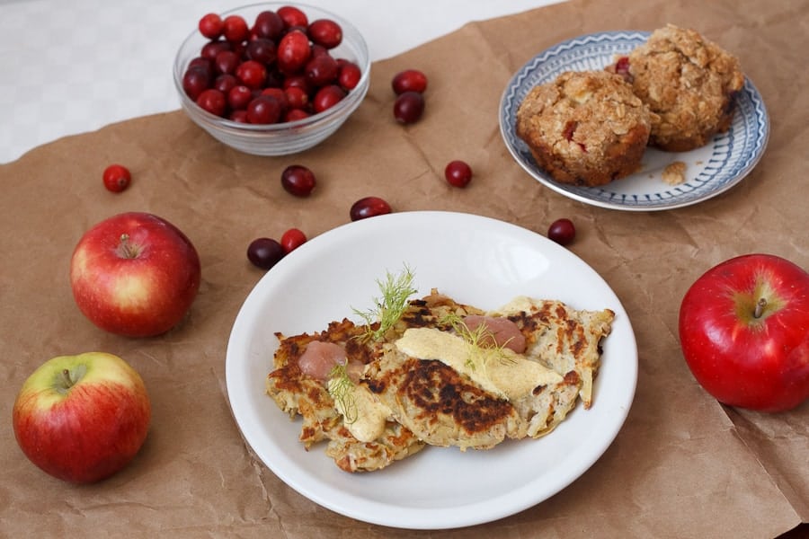 Cranberry pancakes with cranberry sauce.