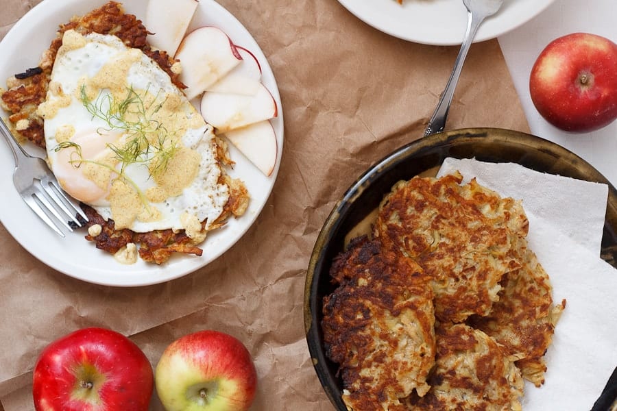 Apple potato latkes with curried yogurt sauce