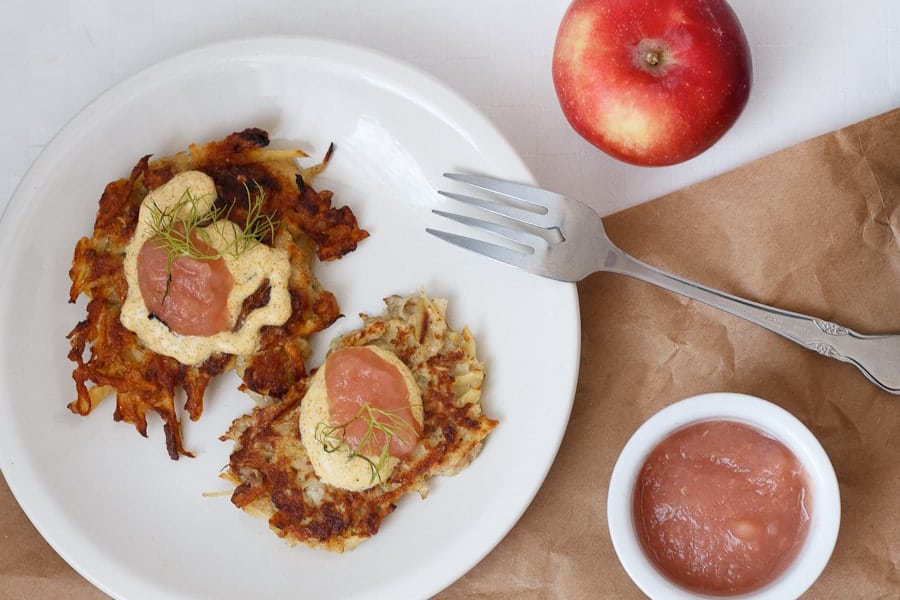 Apple potato latkes with curried yogurt sauce