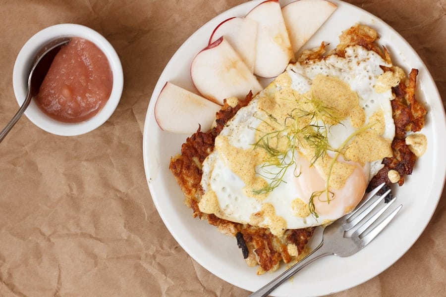 Apple potato latkes with curried yogurt sauce