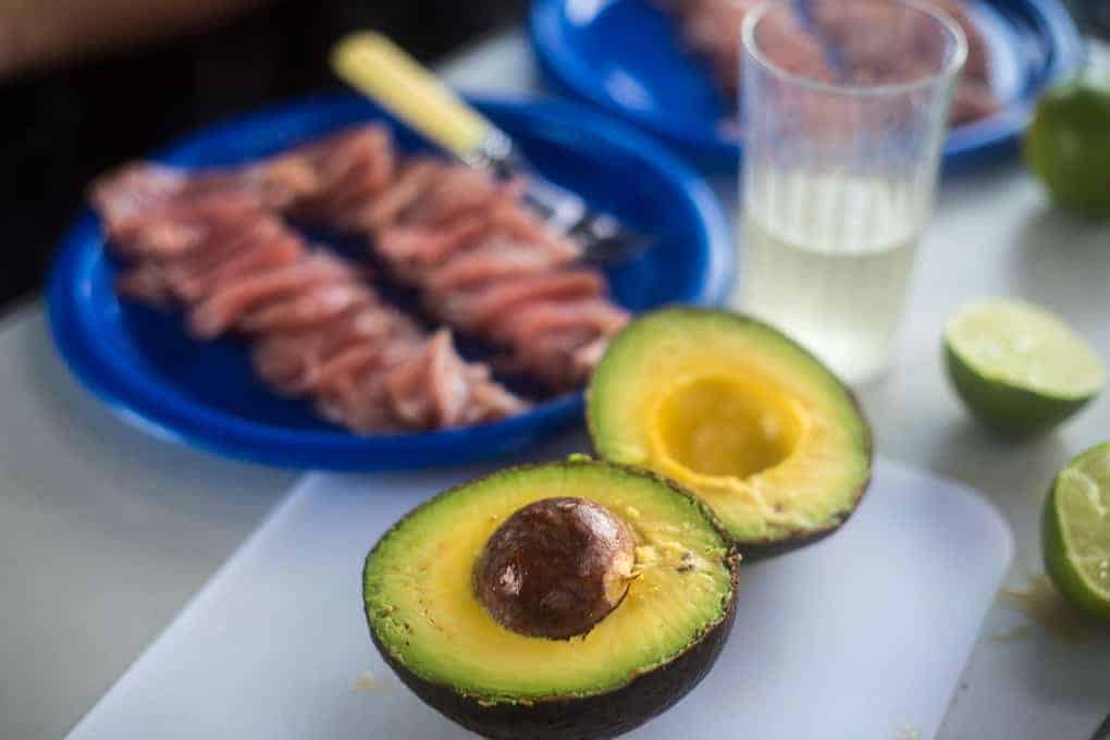 Tuna carpaccio with avocado and passion fruit