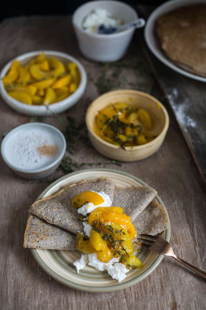Buckwheat crepes with ricotta and thyme peach confiture