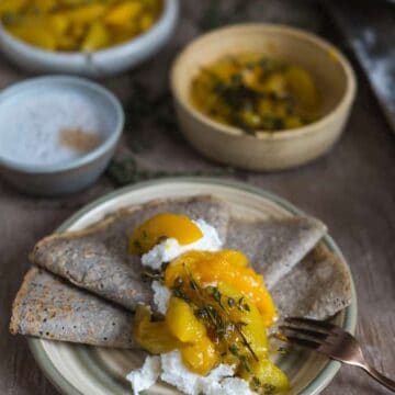 Buckwheat crepes with ricotta and thyme peach confiture