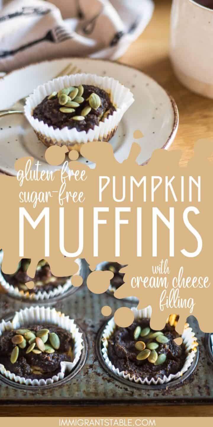 pumpkin muffin on a plate up top and muffins in a muffin tin in the bottom