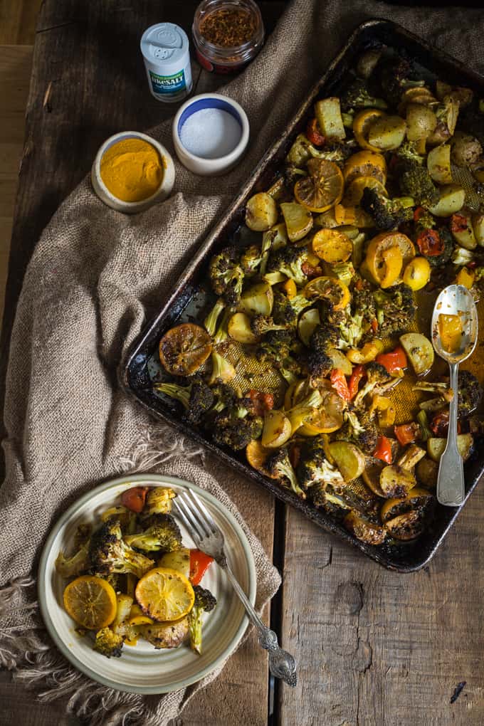 Roasted lemon potatoes, broccoli and bell peppers 