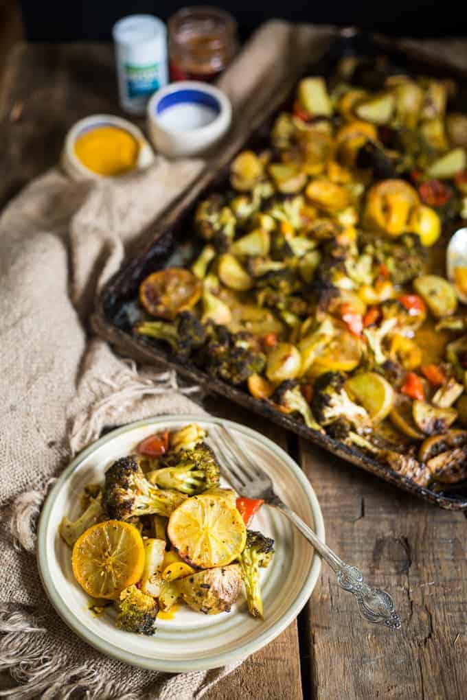 Roasted lemon potatoes, broccoli and bell peppers 