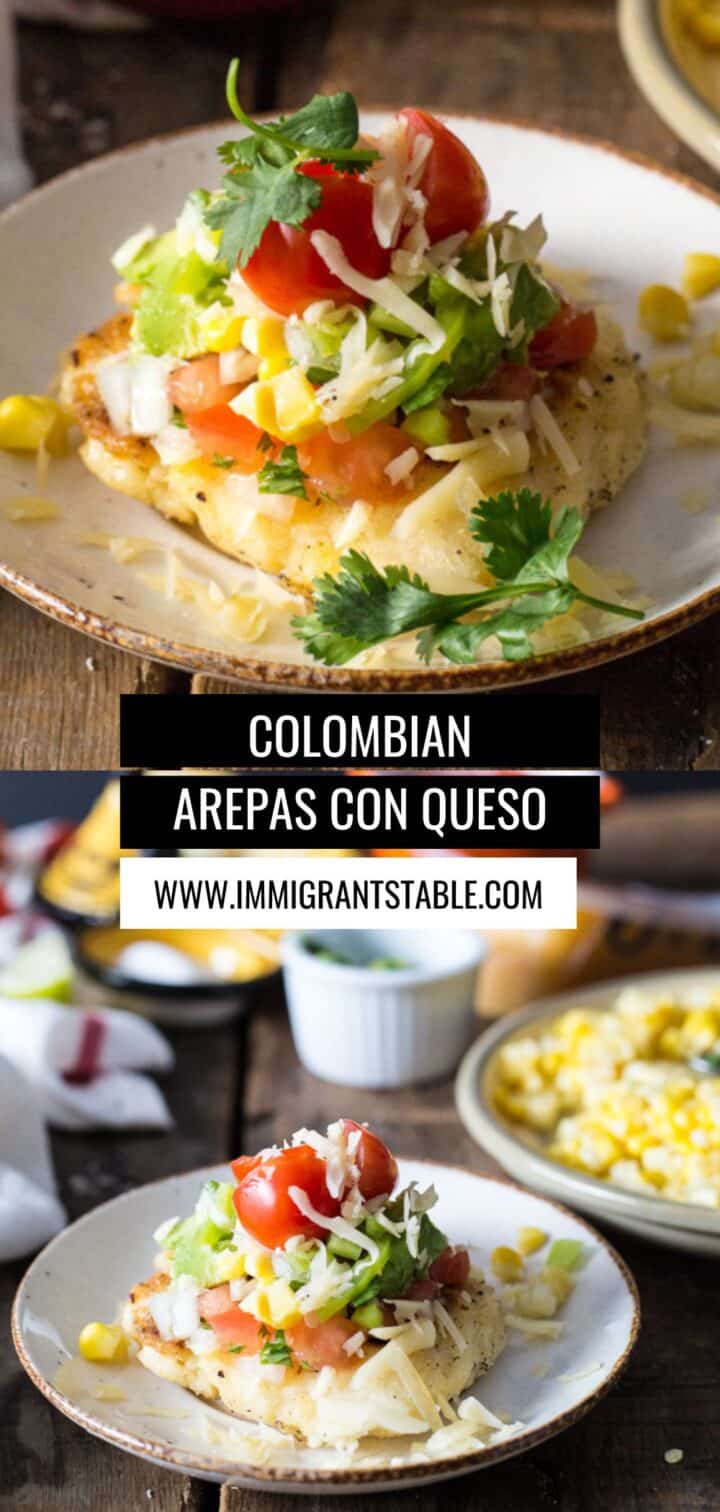 close up of colombian arepas con queso on a plate above a larger scene of arepa on a plate
