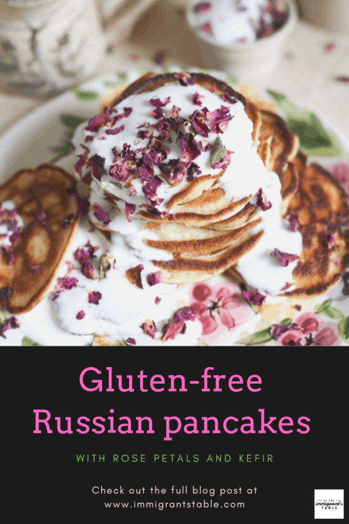 Gluten-free Russian pancakes with rose petals and kefir
