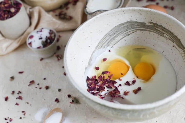 Gluten-free Russian pancakes with rose petals and kefir