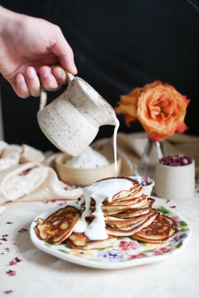 Gluten-free Russian pancakes with rose petals and kefir