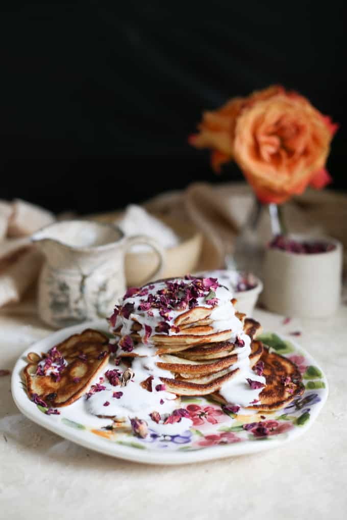 Gluten-free Russian pancakes with rose petals and kefir