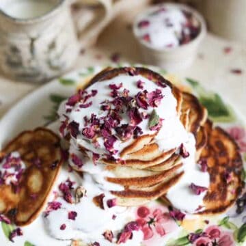 Gluten-free Russian pancakes with rose petals and kefir