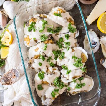 Oysters in a glass dish served at a brunch.