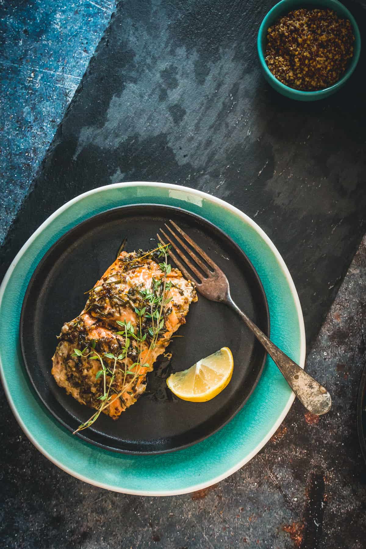 Cast-iron pan-fried sockeye salmon with mustard, honey and wild herbs