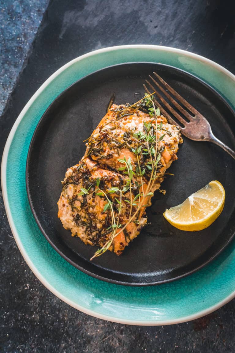 Cast-iron pan-fried sockeye salmon with mustard, honey and wild herbs ...