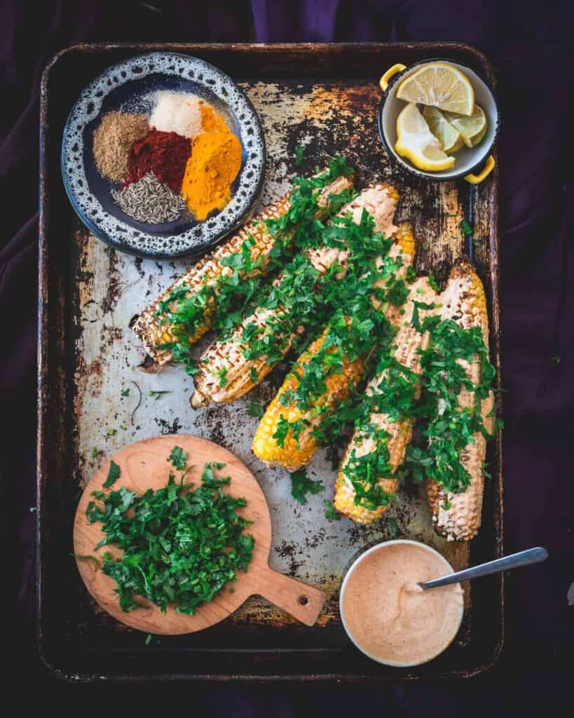 Middle Eastern grilled corn, prepared