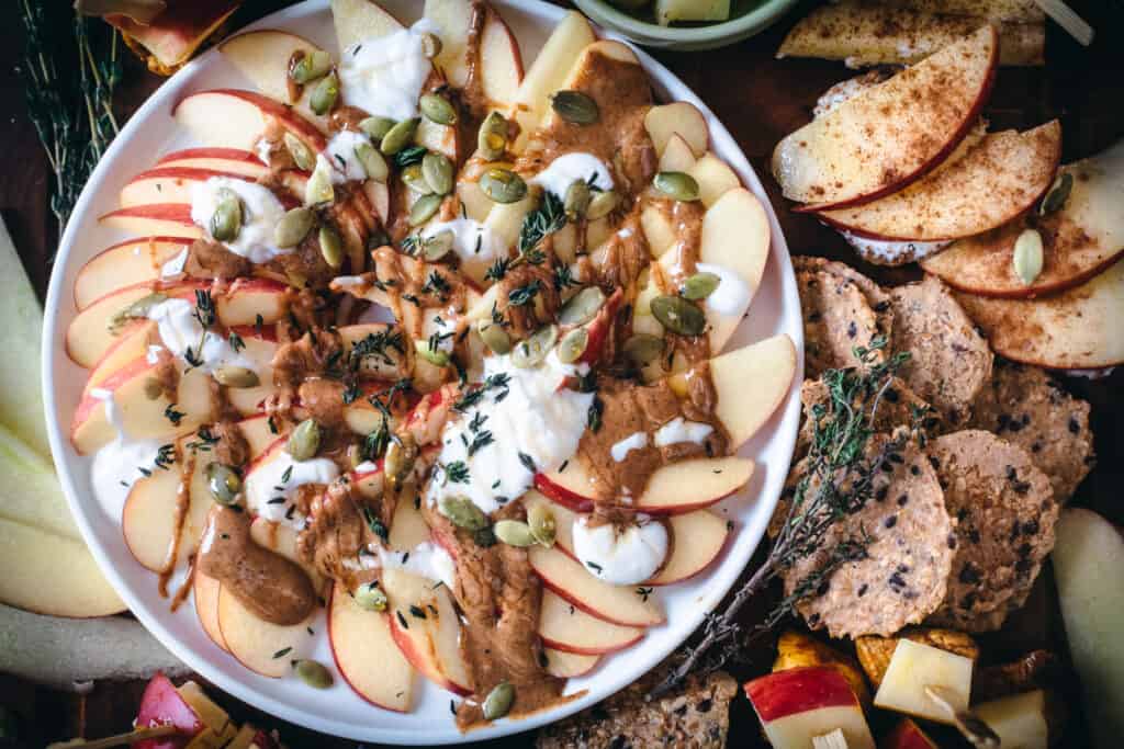 apple grazing board with nachos
