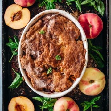 whole gluten free peach cobbler with basil and peaches