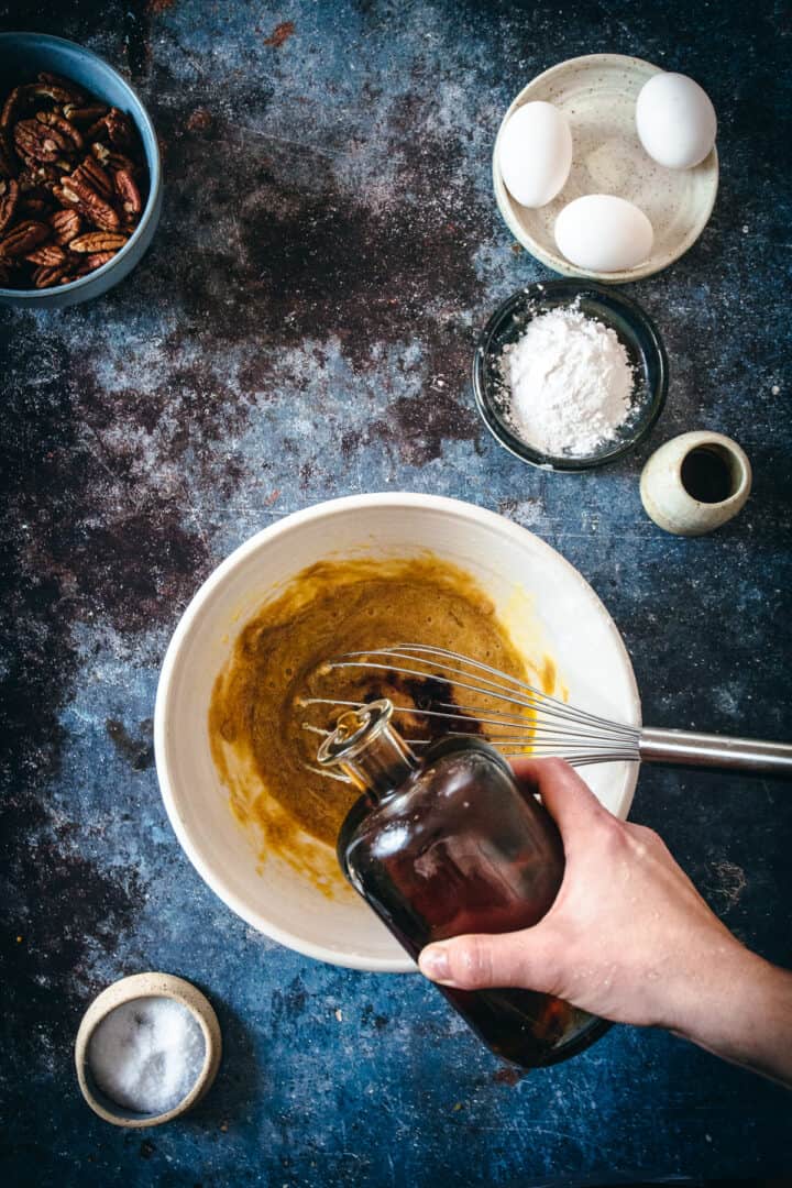 adding maple to adding eggs to dairy free pecan pie filling