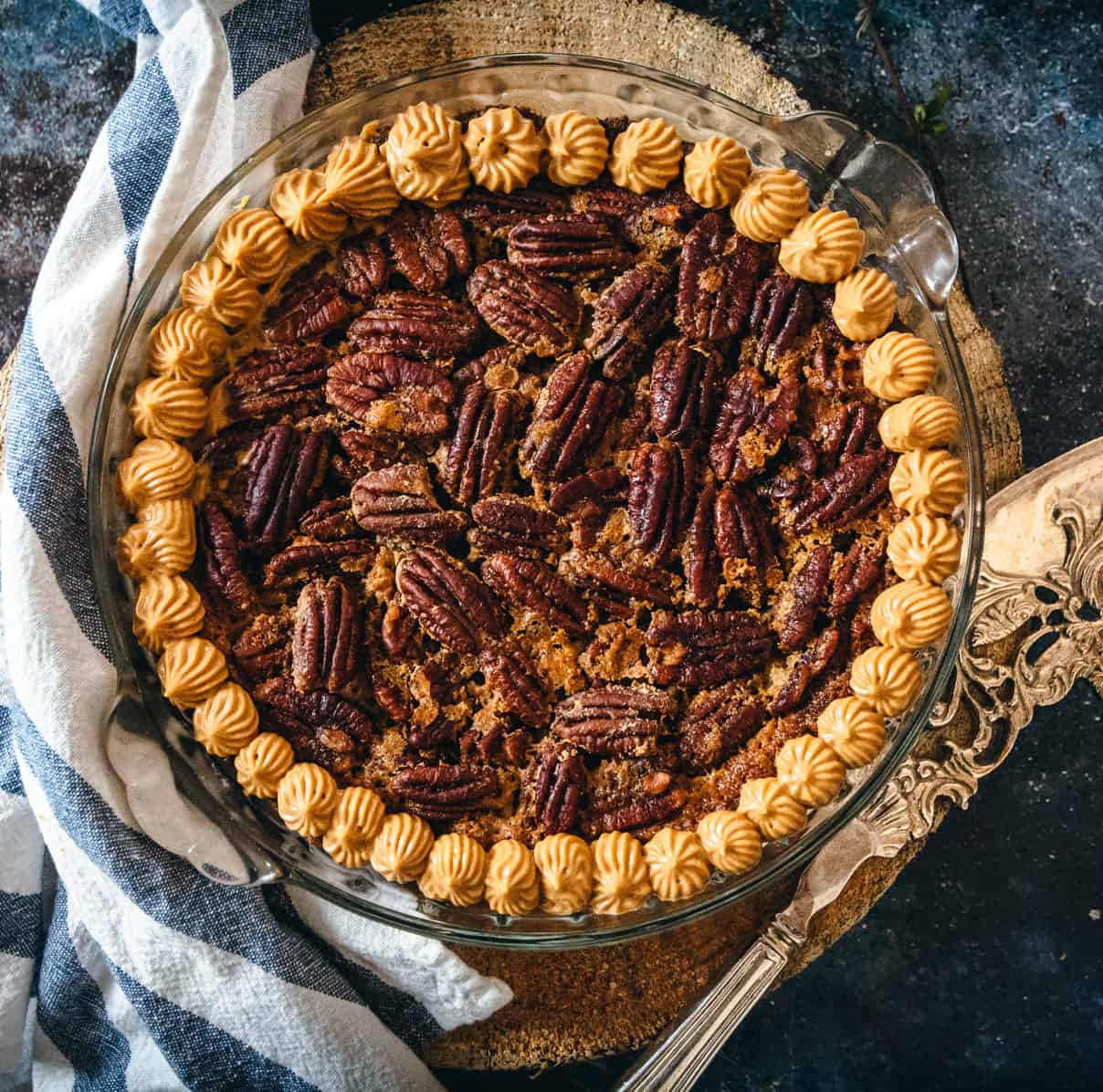 Gluten free pecan pie with maple syrup and maple dulce de leche cream