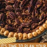 overhead view of gluten free pecan pie with maple cream piping
