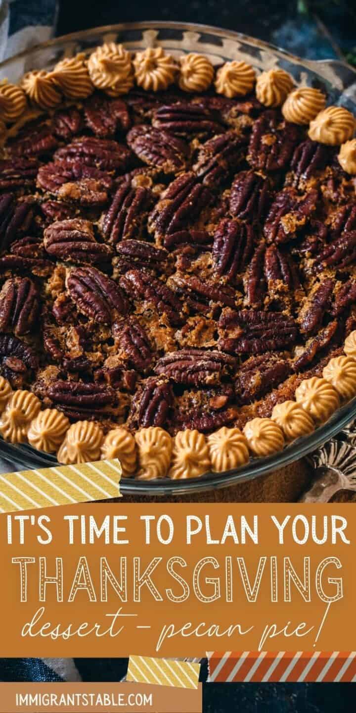 overhead view of gluten free pecan pie with maple cream piping