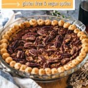 gluten free pecan pie on a cutting board with knife and striped linen cloth