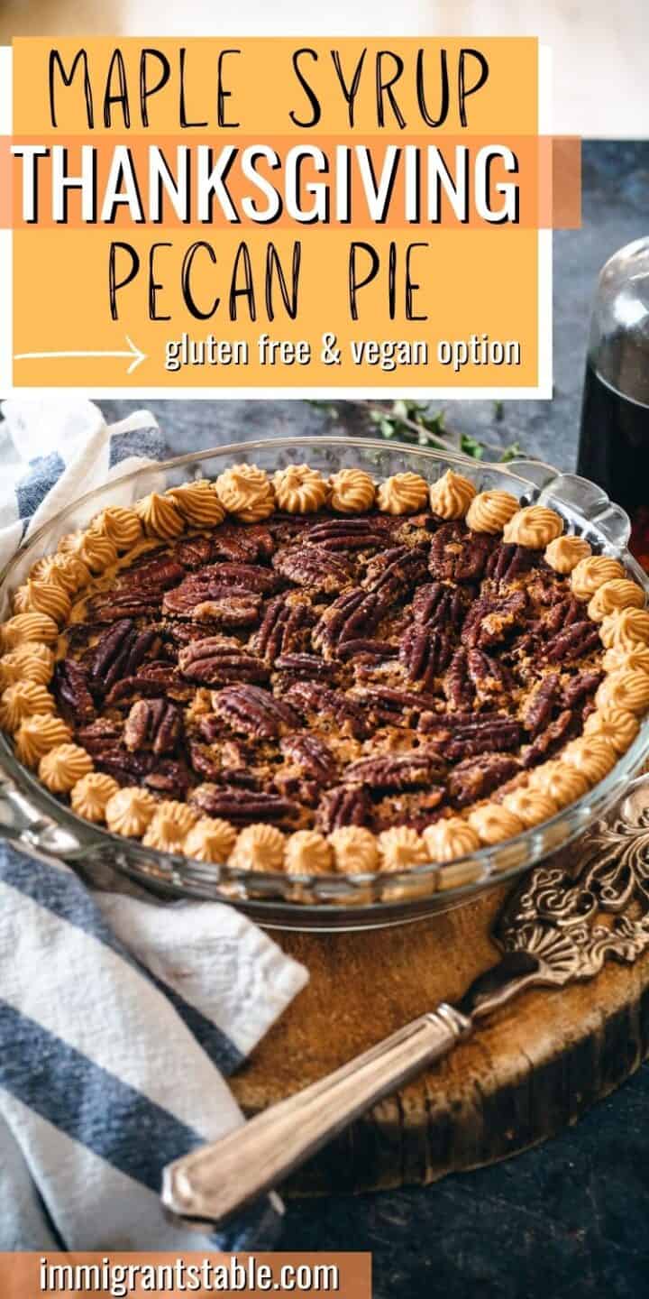 gluten free pecan pie on a cutting board with knife and striped linen cloth