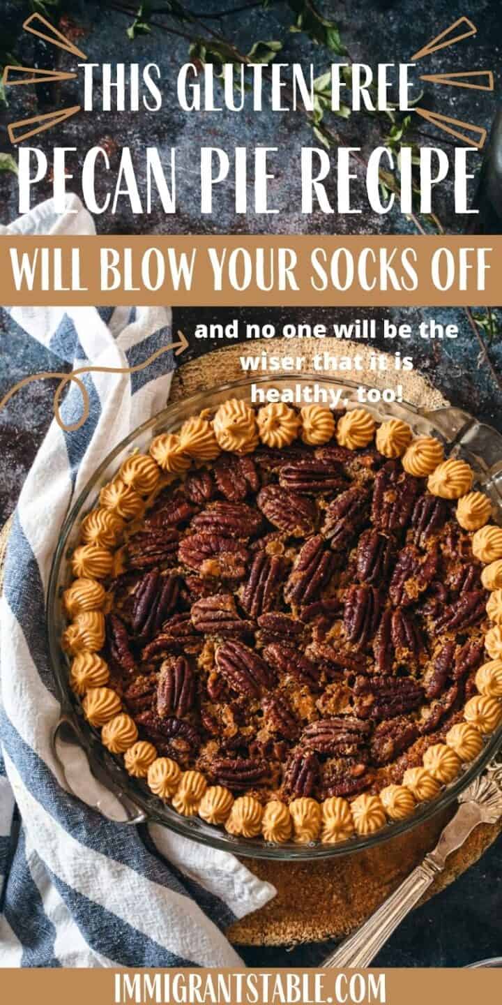 gluten free pecan pie on a cutting board with knife and striped linen cloth