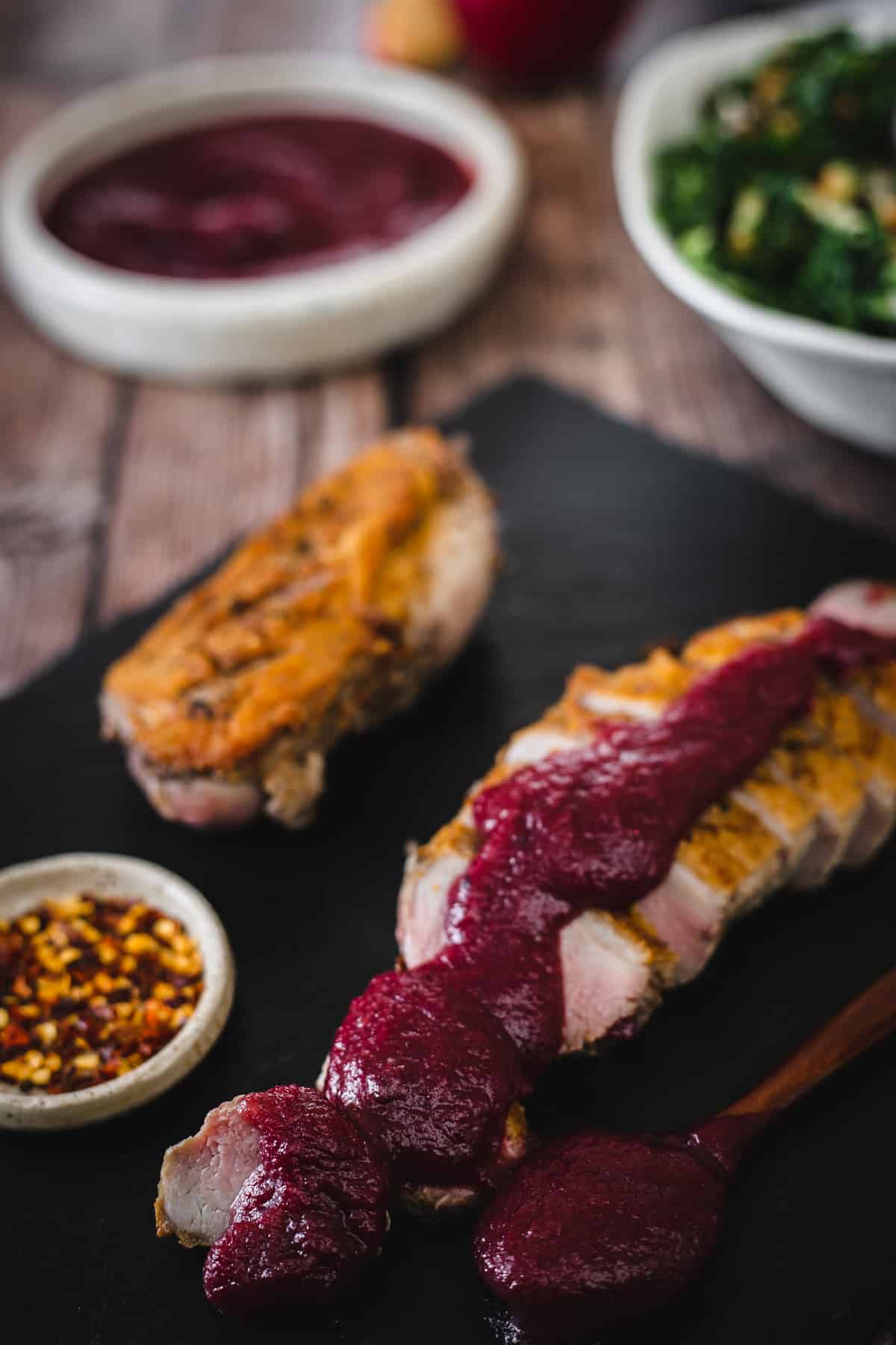 kale apple slaw and pan fried duck breasts with compote