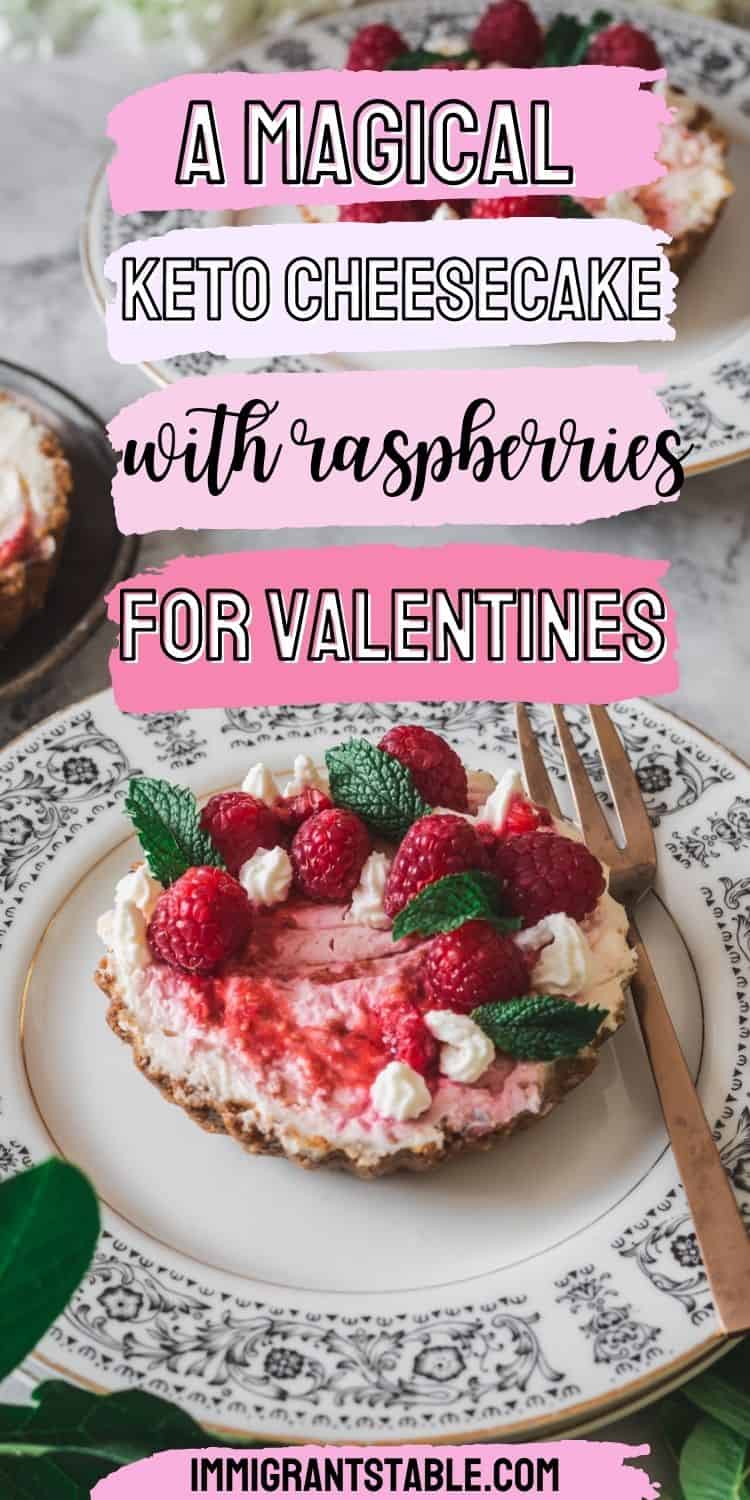 close up on individual magical keto cheesecake with raspberries for valentines