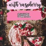 keto cheesecake with raspberry swirl on a baking sheet