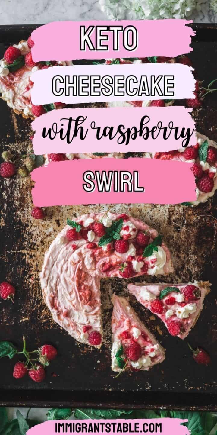 keto cheesecake with raspberry swirl on a baking sheet