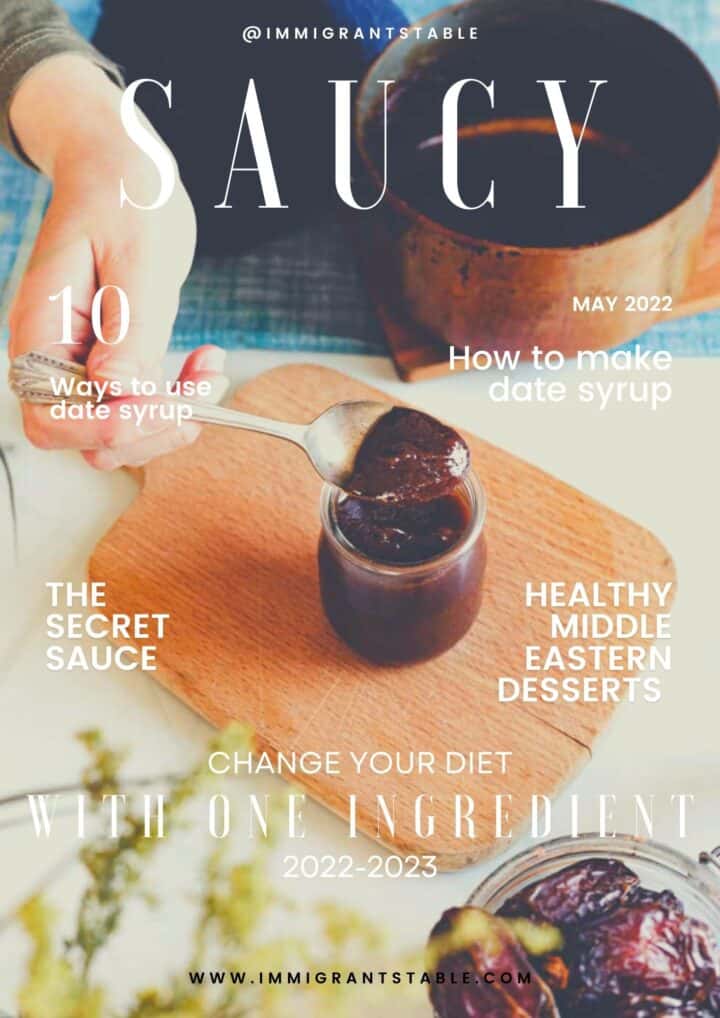 magazine cover featuring hand lifting a spoon with date honey syrup