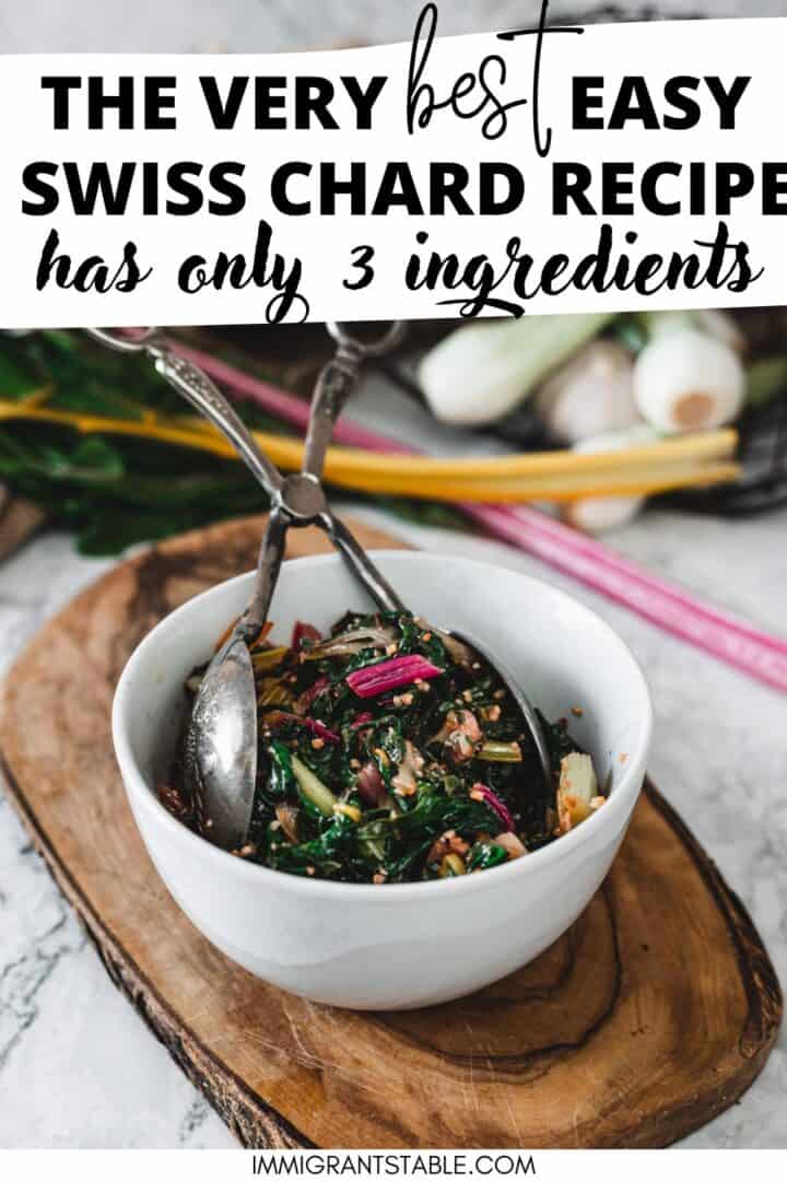 sauteed rainbow chard in bowl with silver thongs on top of small cutting board